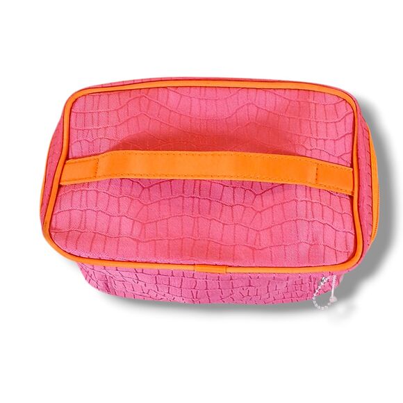 Lancôme Pink Canvas Makeup Train Case Faux Crocodile Pattern 8.5 x 5 x 5 Inch - Picture 3 of 9